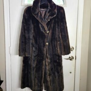 Vintage Tissavel Faux Fur Brown Coat Button Closure Mid Length France Size MED/L